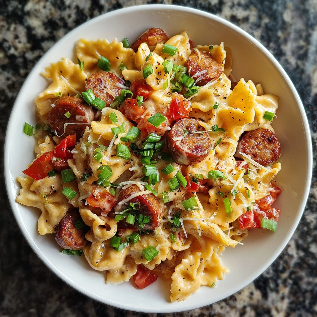 One Pot Cajun Sausage Pasta with Smoked Gouda