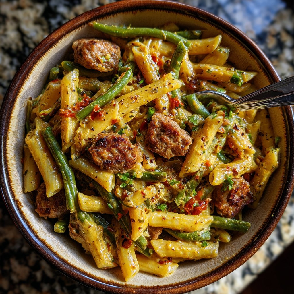 One Pot Cajun Sausage Pasta with Green Beans